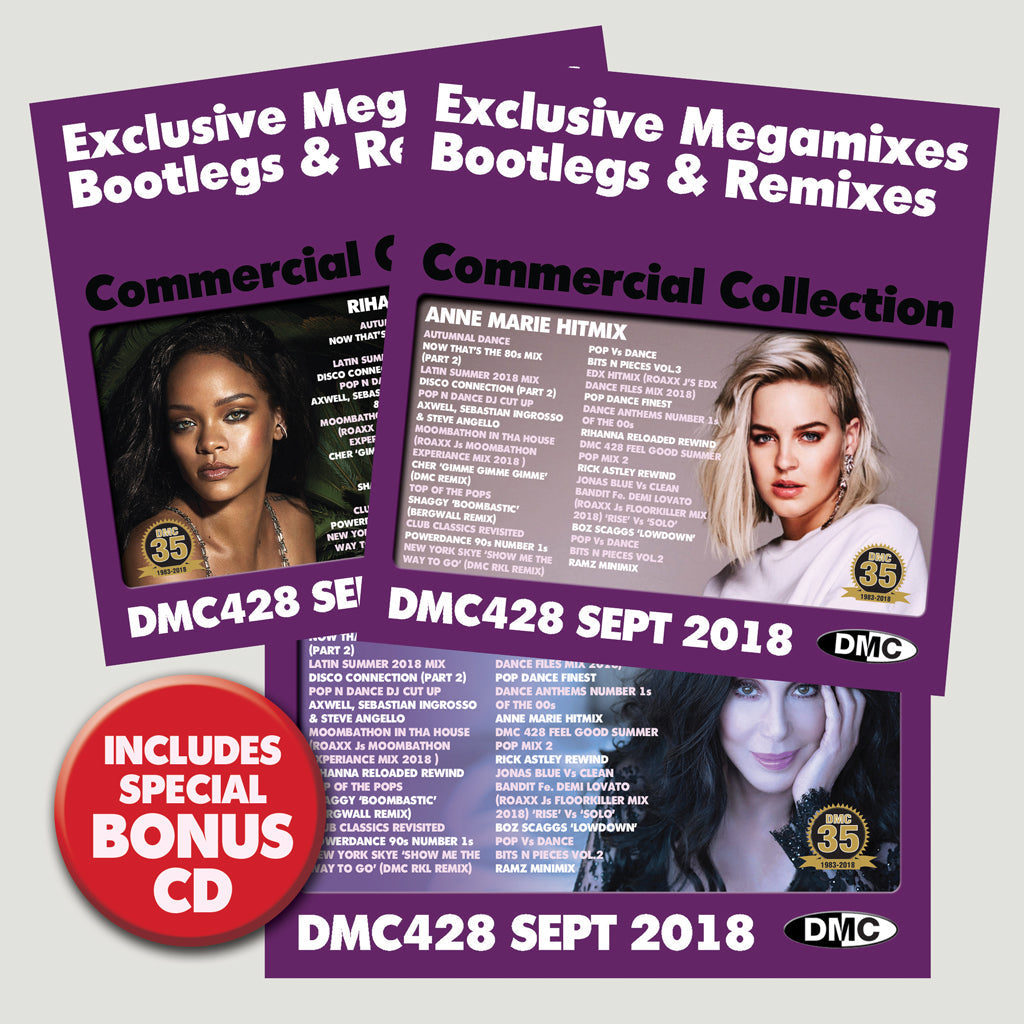 DMC COMMERCIAL COLLECTION 428 - Three CD Edition - September 2018 - Exclusive Megamixes, Bootlegs & Remixes